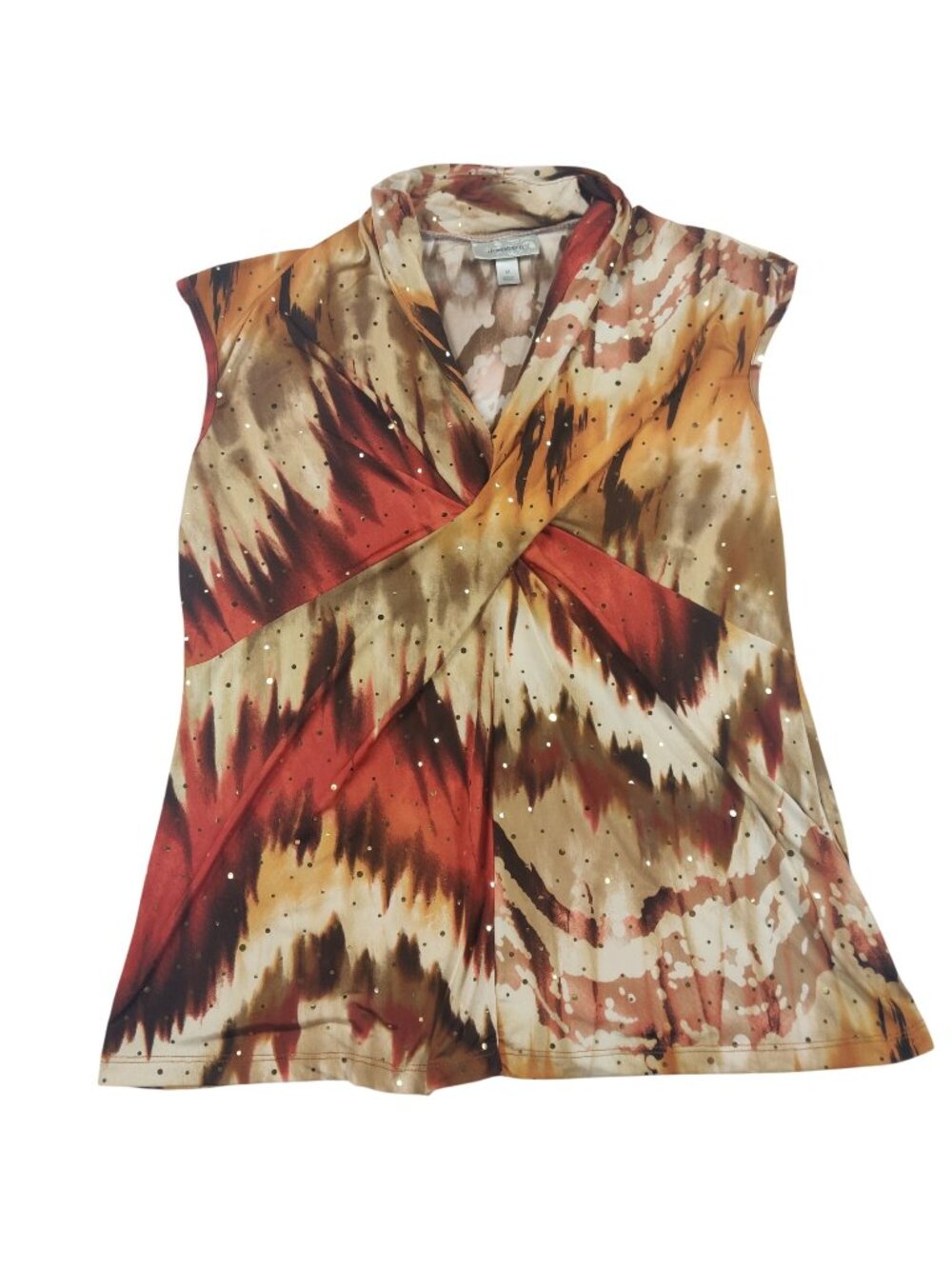 Dressbarn Embellished Blouse M Brown Red Criss Cross Abstract Indie Festival